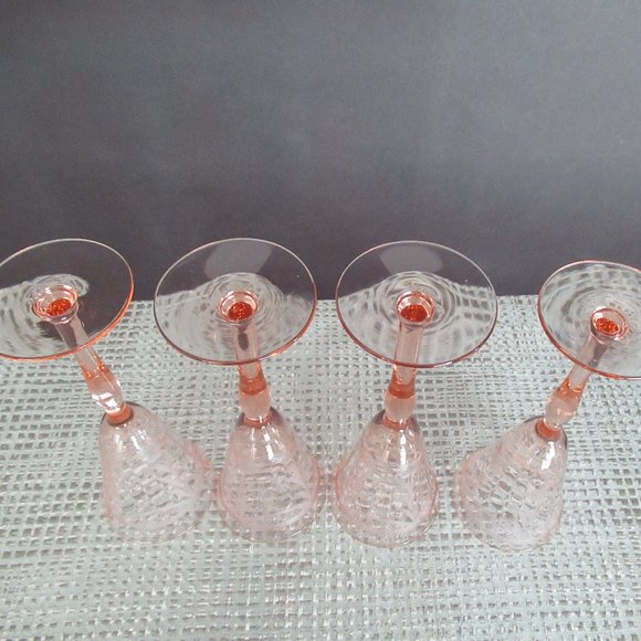 Vintage Crystal Pink Beveled Etched Wine Glasses Set of 4 - 7" Tall - Picture 5 of 14